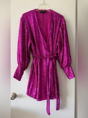 Pink Sequin Mini Wrap Dress ASOS EDITION Fuchsia Balloon Sleeve Party Dress 12